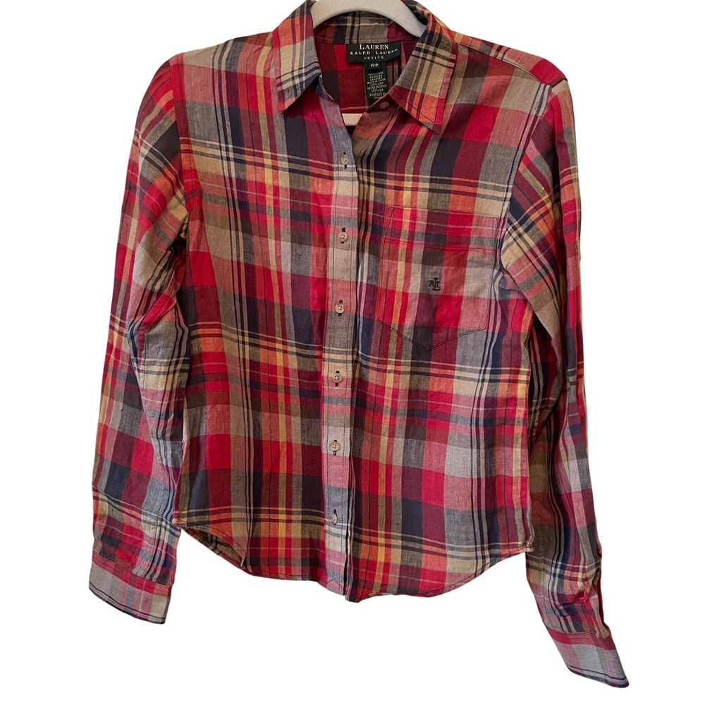 Vintage Lauren Ralph Lauren XSp Plaid Linen Roll Tab Button Up Shirt Old Money